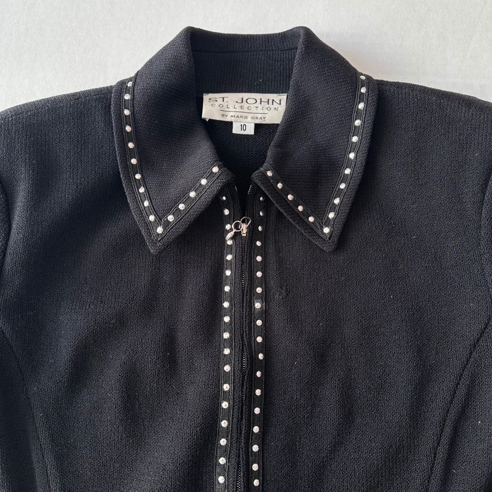 St John Collection Marie Gray Santana Knit Zip Jacket Black Studded Size 10 - Picture 4 of 9